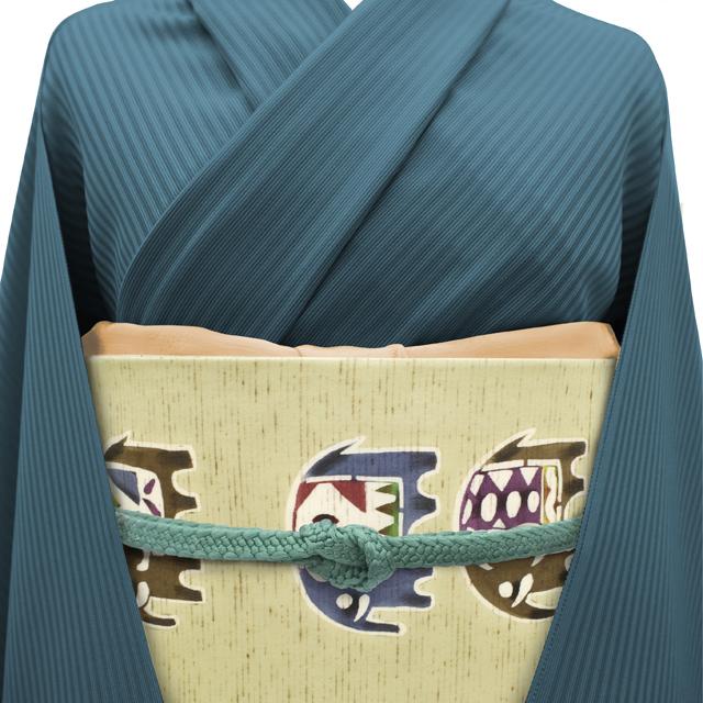 名古屋帯 九寸 正絹 未使用 東京染 紅型染 木蘭色 ぜんまい紬 象 ヤシ