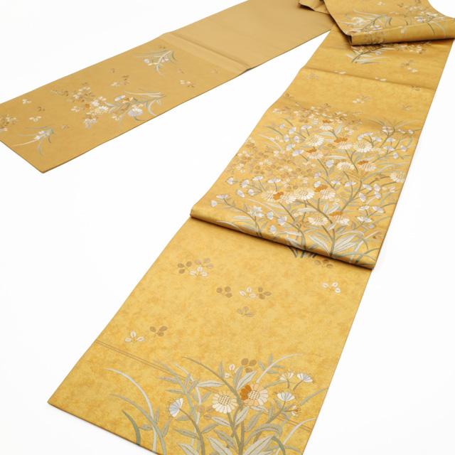 袋帯 未使用 フォーマル 正絹 手刺繍 蘇州刺繍 引箔地 金色地 菊 草花