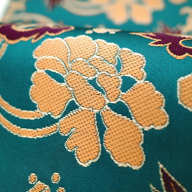 袋帯 西陣 京藝 正絹 絹 ターコイズグリーン 牡丹唐草文様 全通 セミ