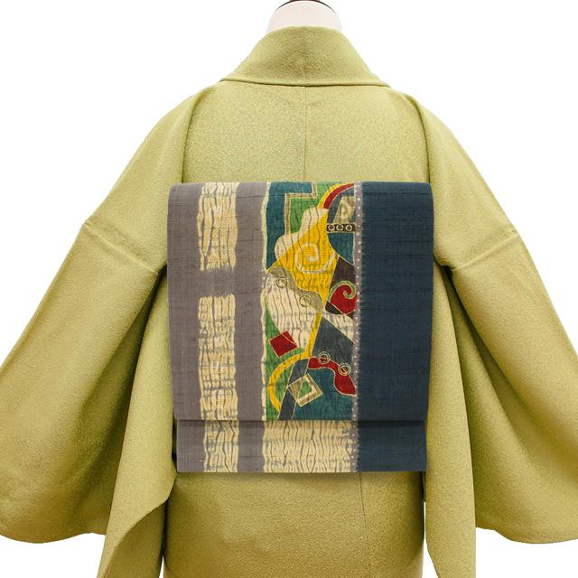 名古屋帯 九寸 京都 しょうざん 生紬 正絹 手染め 絞り グレー × 百入