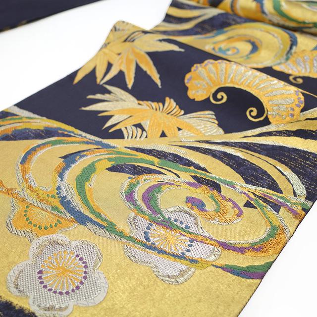 袋帯 京都 西陣 となみ織物 となみ帯 正絹 国風錦 本金箔 青褐色