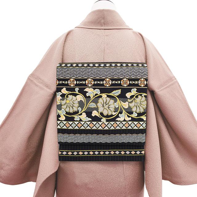 袋帯 螺鈿箔 正絹 絹 金糸 銀糸 黒地 黒 花唐草 横段 花菱 網代文