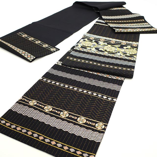 袋帯 螺鈿箔 正絹 絹 金糸 銀糸 黒地 黒 花唐草 横段 花菱 網代文