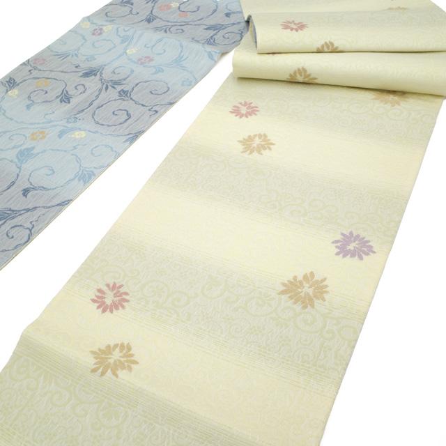 袋帯 リバーシブル 両面 正絹 軽量帯 薄黄 × 水色 花柄 花唐草