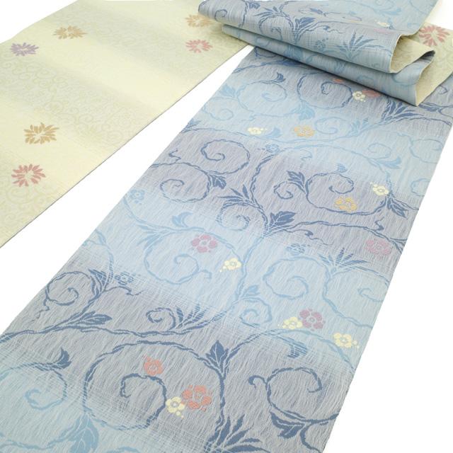 袋帯 リバーシブル 両面 正絹 軽量帯 薄黄 × 水色 花柄 花唐草