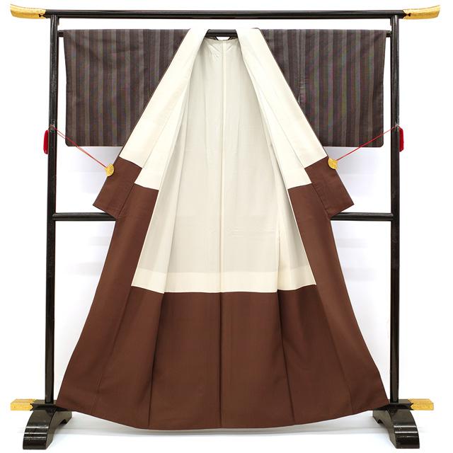 柿渋紬 着物 袷 紬 正絹 十日町 蕪重織物 こげ茶色 縞 カジュアル 中古