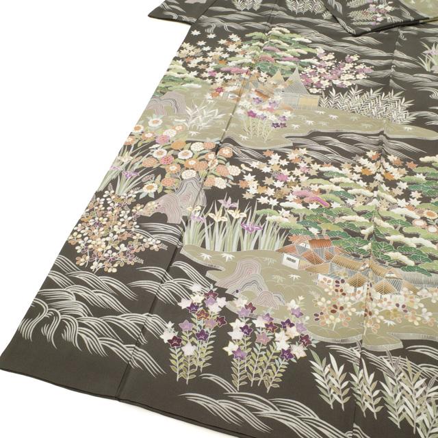 訪問着 着物 正絹 袷 藍海松茶 手染め 帝王紫 刺繍 茶屋辻 四季の花