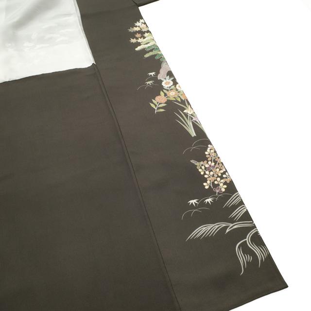 訪問着 着物 正絹 袷 藍海松茶 手染め 帝王紫 刺繍 茶屋辻 四季の花