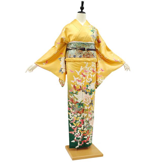訪問着 着物 正絹 後藤久美子 手染め 山吹色 バラ 蝶 金駒刺繍 金銀彩