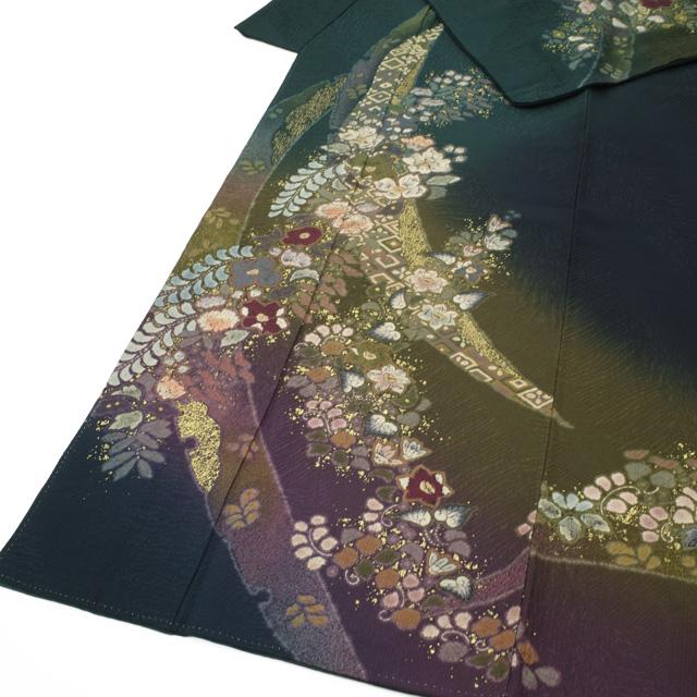 訪問着 着物 フォーマル 正絹 袷 吉野一廉 深緑 ぼかし 辻が花 絞り