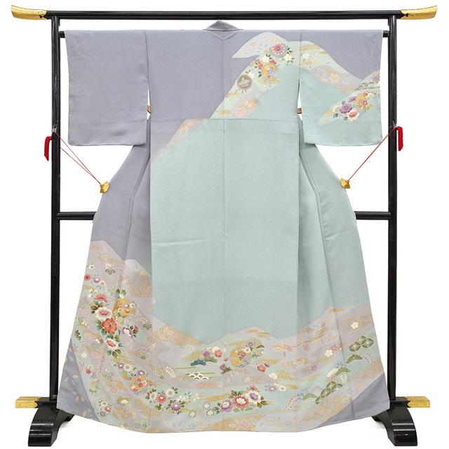 訪問着 着物 正絹 袷 金駒刺繍 金彩 染め分け地 四季の花 春 秋 冬