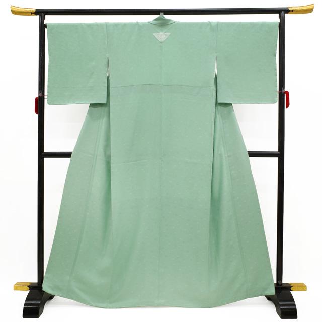 色無地 着物 未使用 正絹 袷 薄緑 地紋 花 一つ紋 セミフォーマル 新古