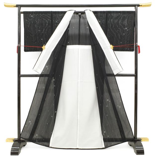 夏物 単衣 着物 未使用 紗紬 正絹 十日町 粋紗絣 黒地 ゆらぎ縞 水玉