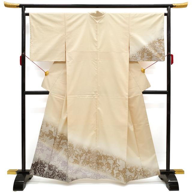 縦節紬 訪問着 袷 着物 正絹 たたき染 ぼかし染 クリームベージュ 花
