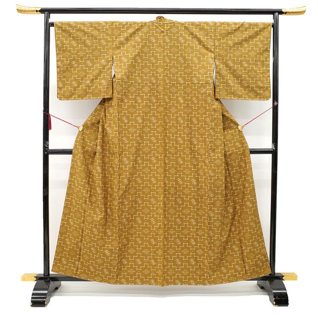 本場琉球かすり 紬 袷 着物 沖縄県 手織り 山吹茶色 琉球絣 カジュアル