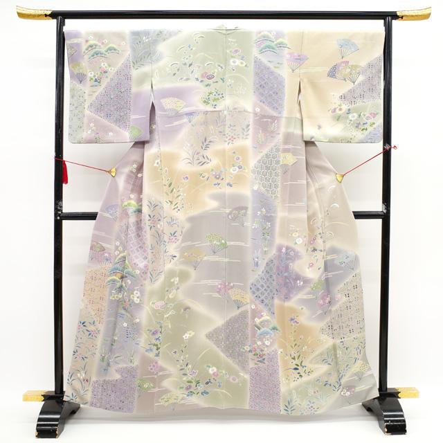 訪問着 袷 着物 四代目 上野眞 京友禅 手染め 淡紫 グレー 二代目 上野