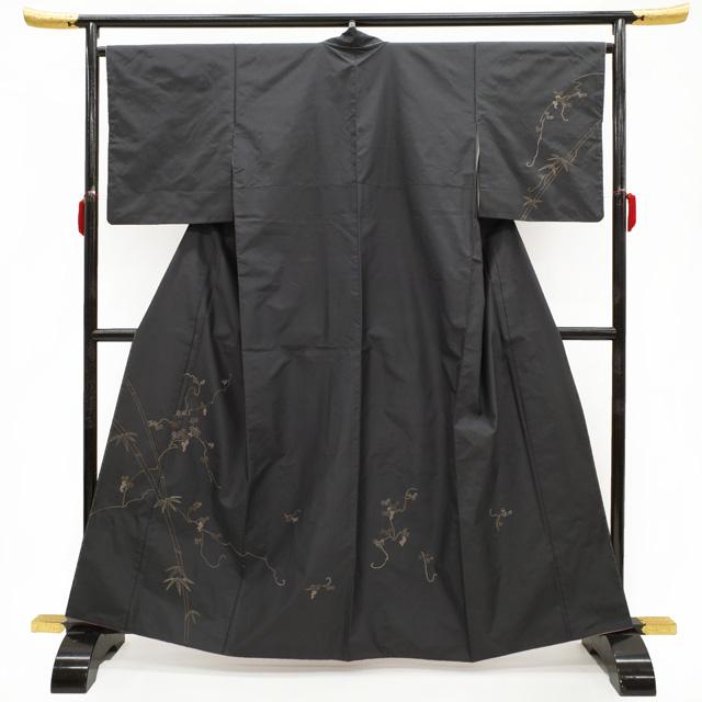 紬 訪問着 袷 着物 刺し子 手刺繍 正絹 濃グレー地 葡萄 ぶどう 竹