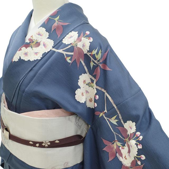 訪問着 着物 未使用 フォーマル 正絹 袷 手描き友禅 ブルーグレー 桜