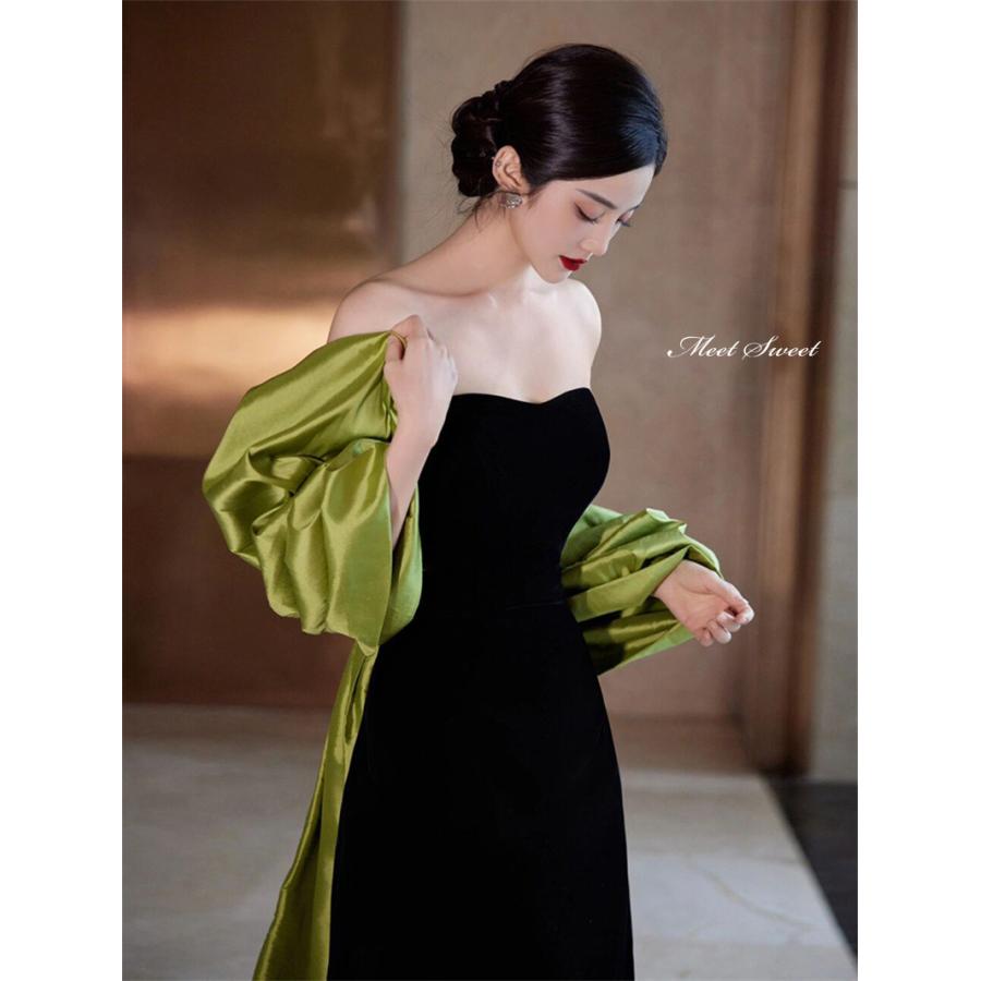 カラードレス スレンダーライン ブラック ベアトップ 大きいリボン