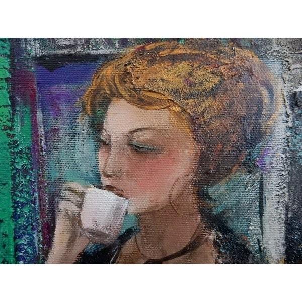 佐々木里華 「カフェの女」 人物画 油彩 F8号 真作保証 一枚の繪で