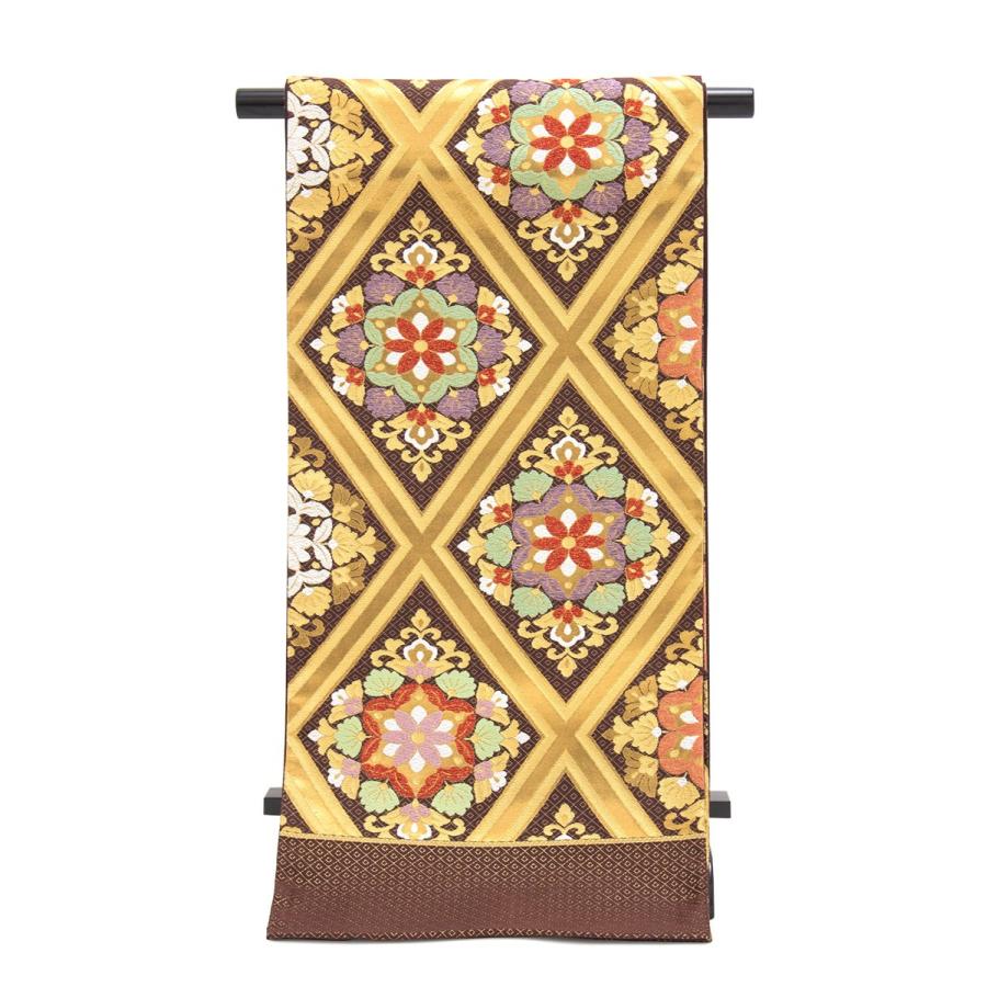 袋帯 訳あり 未仕立て 濃茶色 ブラウン 金色 ゴールド 唐花菱 二重襷