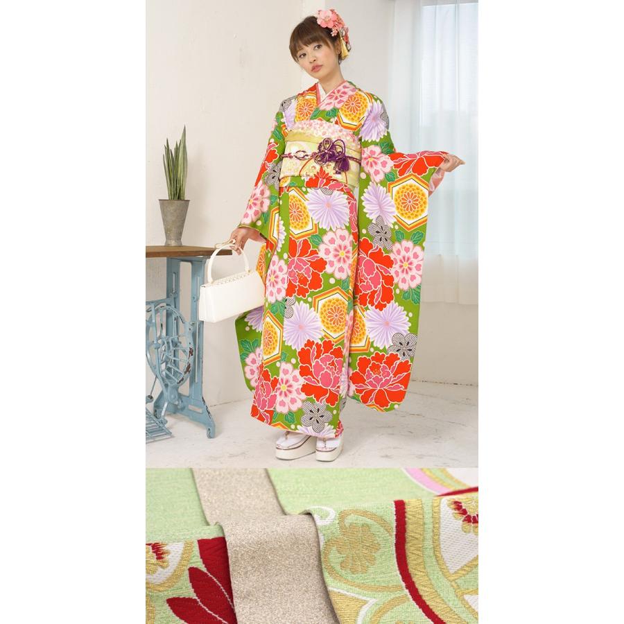 振袖 セット 未仕立て 仮絵羽 黄緑 イエローグリーン 牡丹 菊 亀甲 花