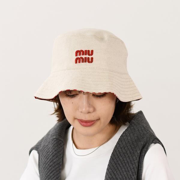 miu miu（ミュウミュウ） 帽子 ストライプリネンブレンド バケット