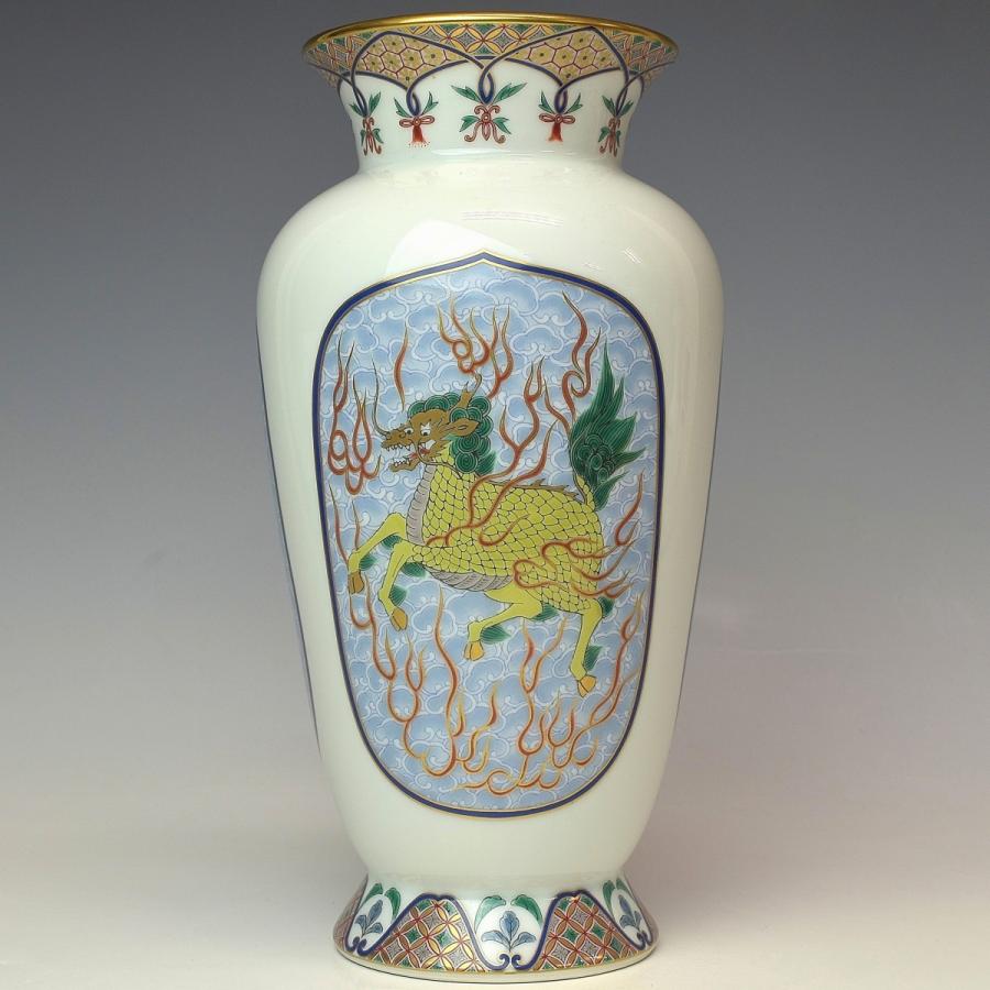 趣楽】 香蘭社謹製 色絵極彩地紋雲麒麟龍鳳凰図花瓶 高さ24cm 共箱