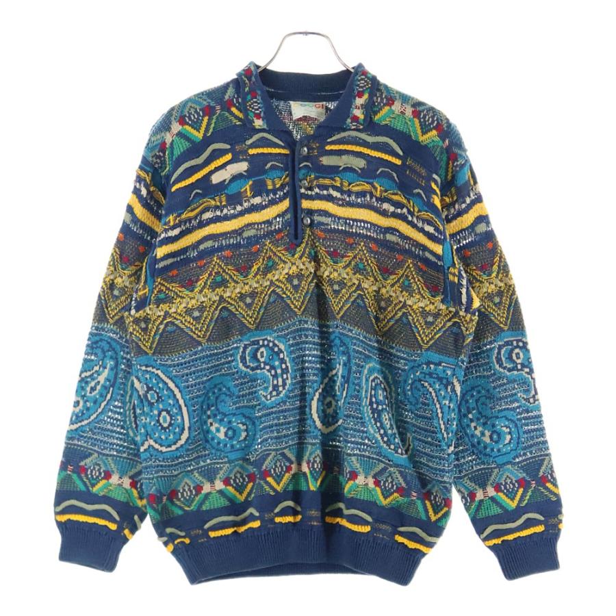 COOGI クージー 総柄 ロングスリーブ ニットポロシャツ マルチカラー