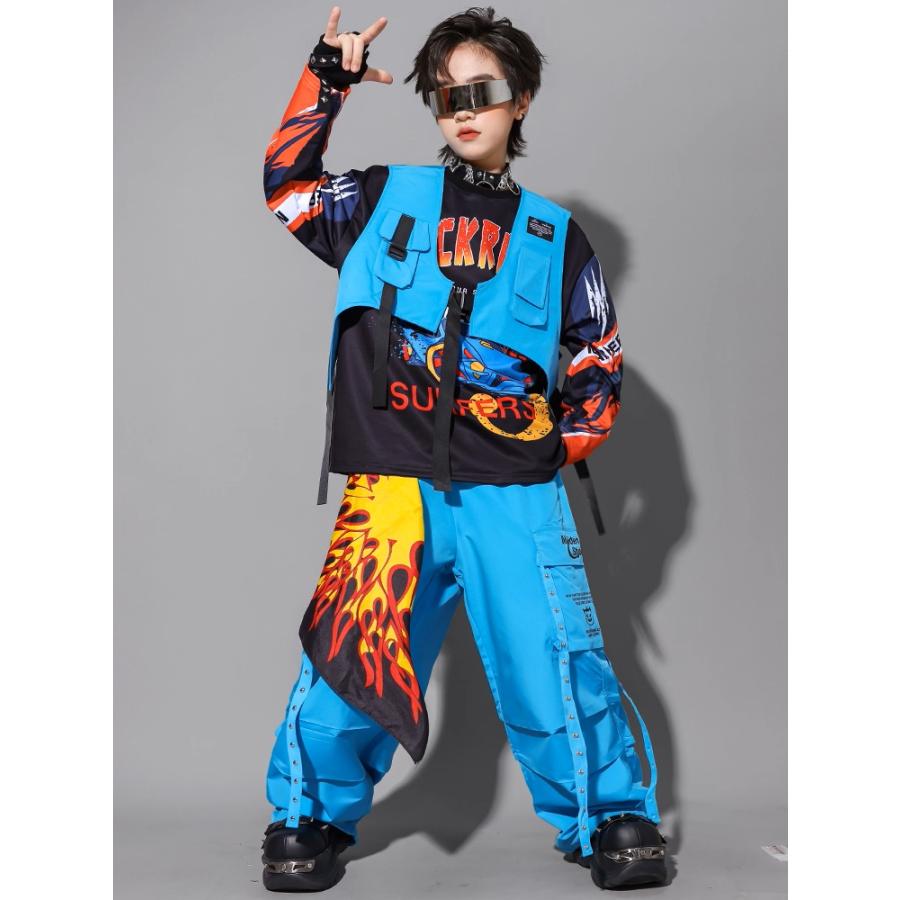 キッズダンス衣装 セットアップ ヒップホップ 衣装 黒 水色 オレンジ K
