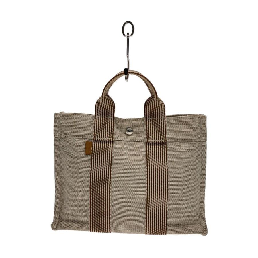 HERMES◇ニューフールトゥPM/トートバッグ/キャンバス/BEG/無地