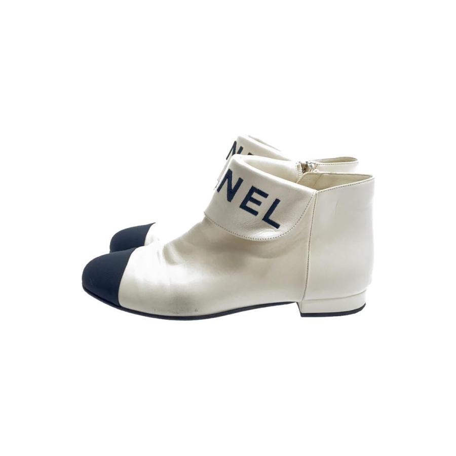 CHANEL◇ショートブーツ/37/アイボリー/ブラック/ロゴ/g35167