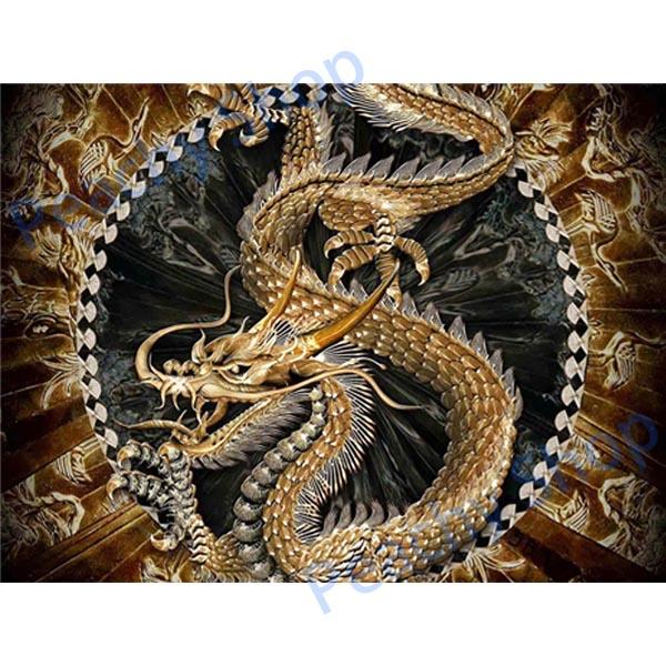 中級 フル ダイヤモンドアート キット ビーズ刺繍 ドラゴン ゴールド