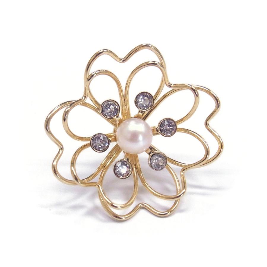 花モチーフ ゴールド パールブローチ タックブローチ 本真珠