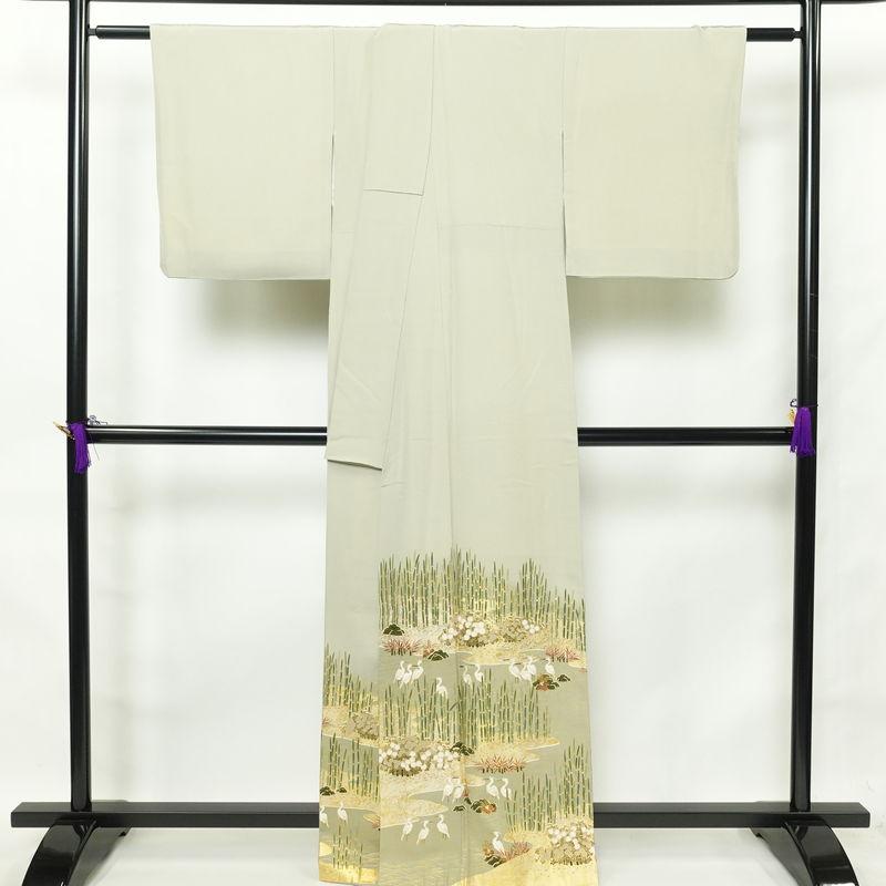 中古 色留袖 松尾光琳 木賊鷺 落款入り 一つ紋付き 縮緬 正絹 古典柄