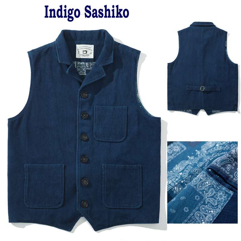 刺し子 ベスト ジレ インディゴ チョッキ デニム ワークベスト 刺子 さ