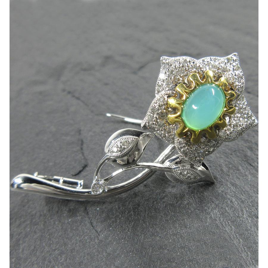 K18WG YG グリーンオパール ダイヤモンド ミル打ち フラワー