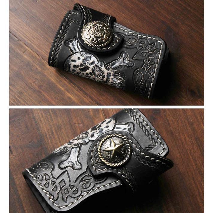 レザー 本革 キーケース キーホルダー カービング ドクロ スカル