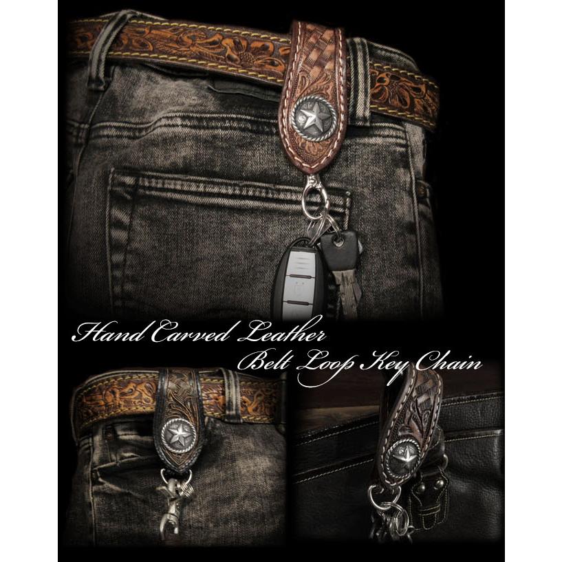 カービングレザー ベルトループ キーホルダー 本革 コンチョ付き