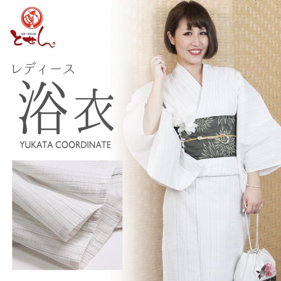 送料無料 しじら織り 女 浴衣（白に縞） S F L TLサイズ 綿麻 麻混 女