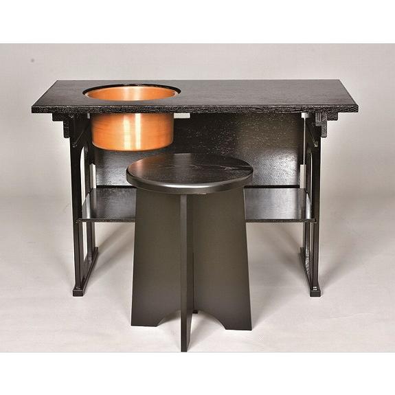 茶道具 立礼棚（りゅうれいだな）、点前机 。 銅丸炉付。 IHヒーター