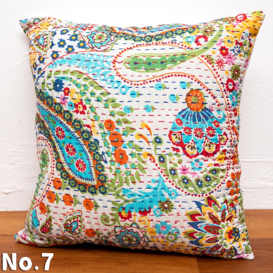 クッションカバー コットン，刺繍 カンタ ウッドブロック : インド