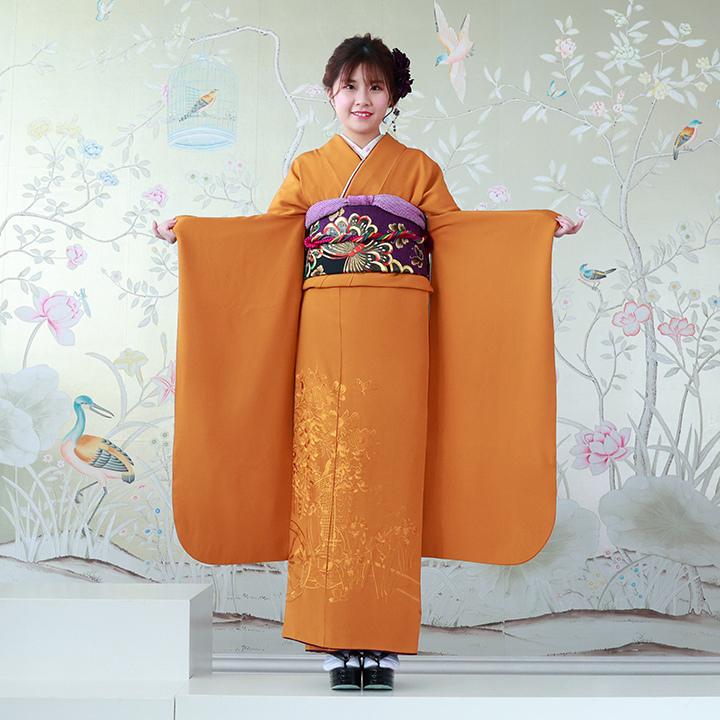 振袖レンタル 成人式 高級正絹 FS-811 無地 単色 刺繍 金茶色 御所車
