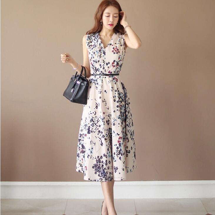 ワンピース フレア Vネック ベルト付き ノースリーブ 小花柄 ミモレ丈