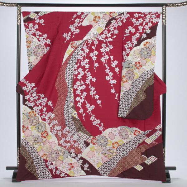 京都きもの友禅 振袖 中古 フルセット 成人式 Mサイズ 古典 赤・ワイン