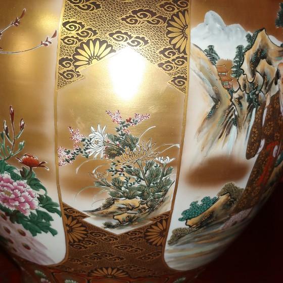 九谷焼 【故物】花瓶 陶器 特大台付花瓶（24号高さ74cm)）本金割取 七