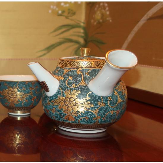 九谷焼 茶道具 茶器(急須・碗5ヶ入）九谷焼 本金青粒牡丹 錦泉作