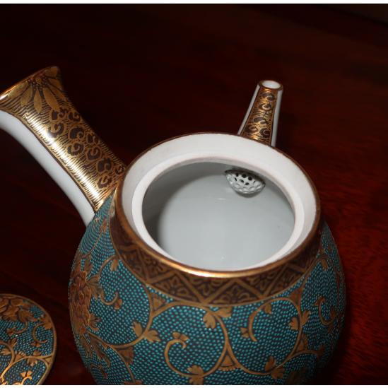 九谷焼 茶道具 茶器(急須・碗5ヶ入）九谷焼 本金青粒牡丹 錦泉作