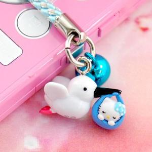 □ ハローキティ こうのとりキティ 根付けストラップ ピンク(黒