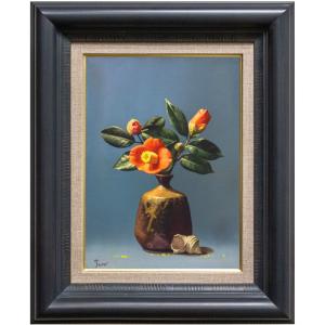 井上圭史 「 備前焼に椿 」 油絵 油彩画 F4 ( 4号 ) 絵画 洋画 肉筆